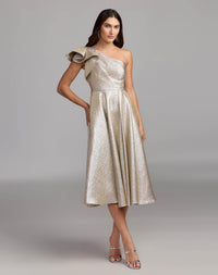 Mac Duggal #67906 oyster metallic ruffle one shoulder midi dress