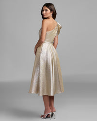 Mac Duggal #67906 oyster metallic ruffle one shoulder midi dress