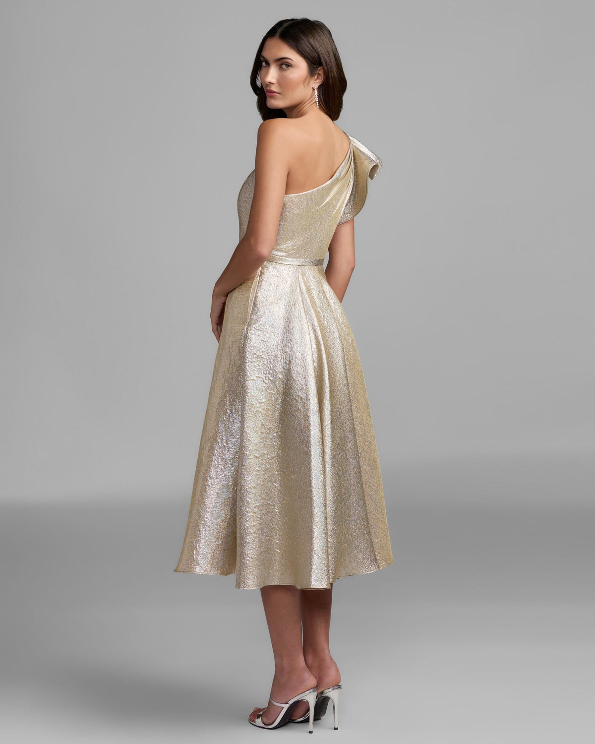 Mac Duggal #67906 oyster metallic ruffle one shoulder midi dress