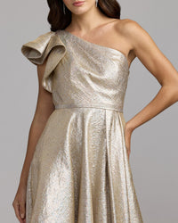 Mac Duggal #67906 oyster metallic ruffle one shoulder midi dress