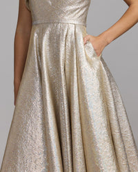Mac Duggal #67906 oyster metallic ruffle one shoulder midi dress