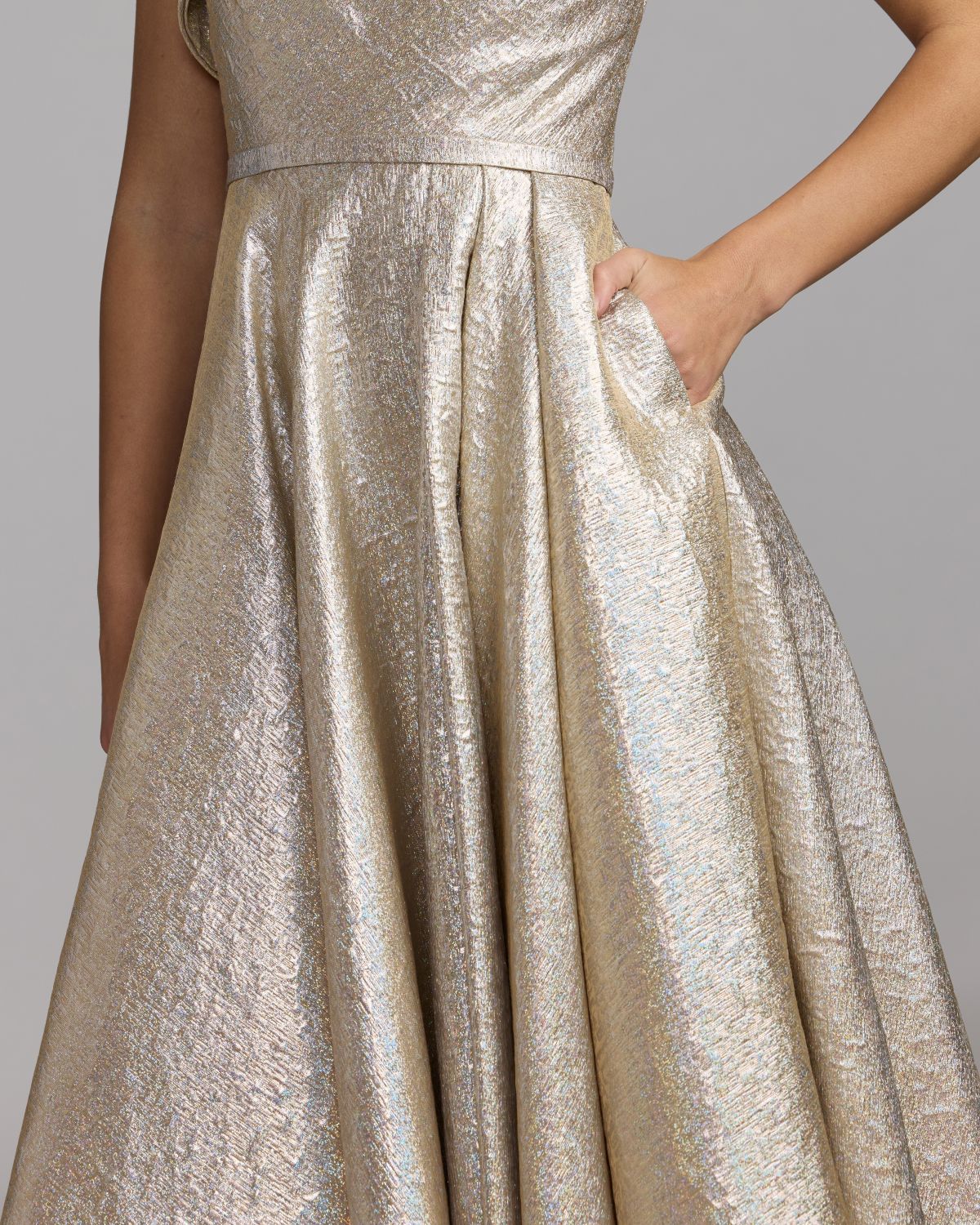 Mac Duggal #67906 oyster metallic ruffle one shoulder midi dress
