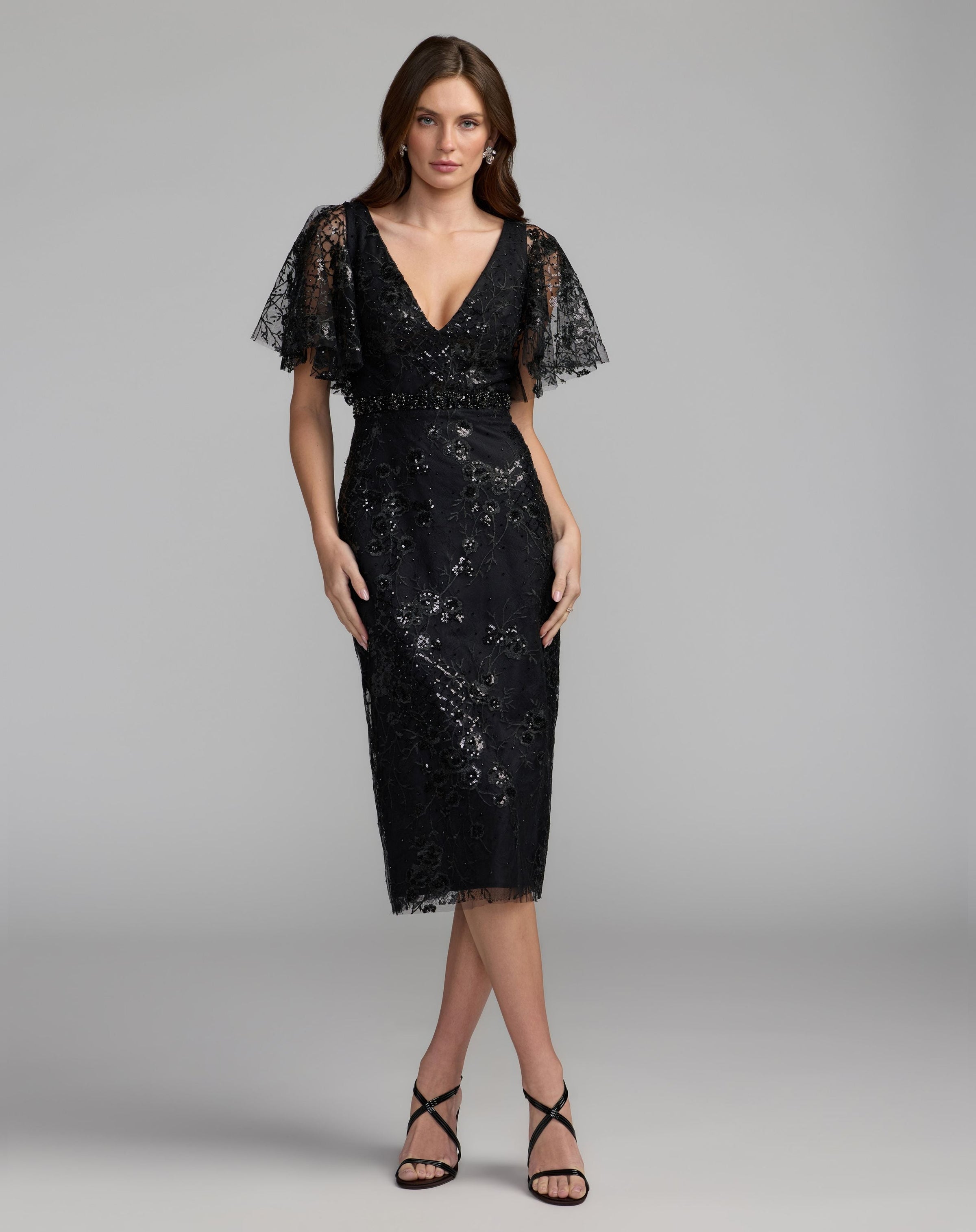 Mac Duggal 67909 Black embellished butterfly sleeve cocktail dress - Front