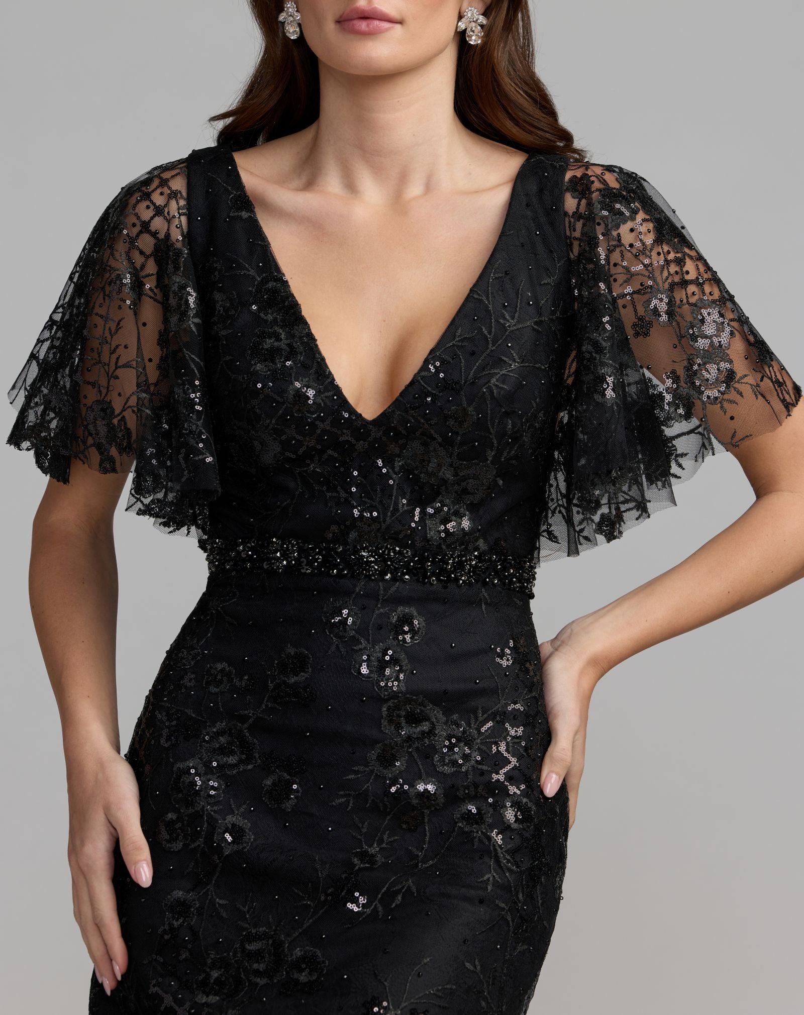 Mac Duggal 67909 Black embellished butterfly sleeve cocktail dress - Close up detail
