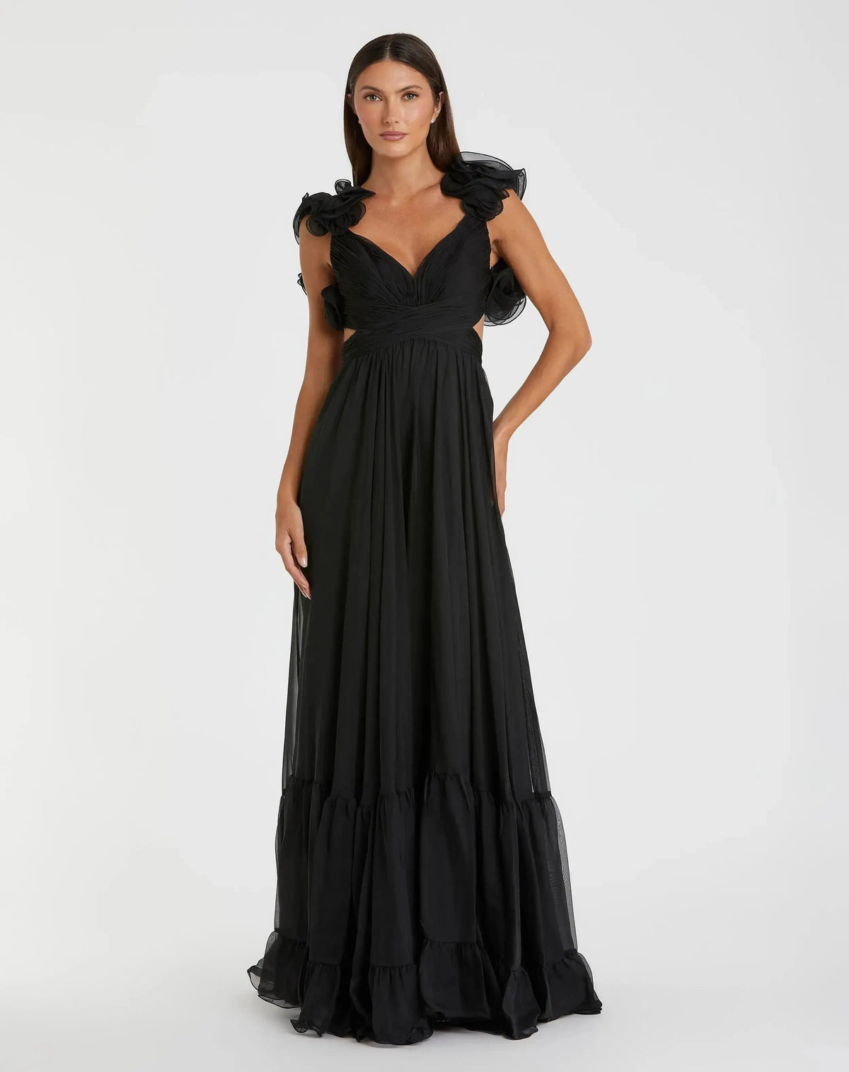 Mac Duggal #67911 black ruffle tiered cut-out chiffon gown