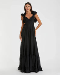 Mac Duggal #67911 black ruffle tiered cut-out chiffon gown