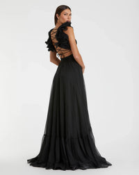 Mac Duggal #67911 black ruffle tiered cut-out chiffon gown