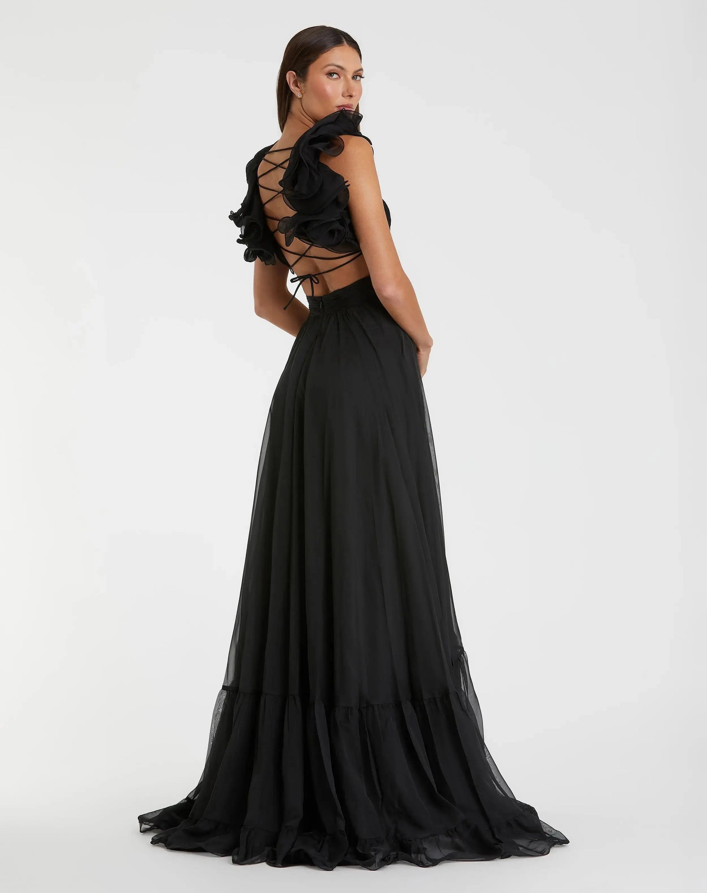 Mac Duggal #67911 black ruffle tiered cut-out chiffon gown