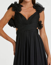 Mac Duggal #67911 black ruffle tiered cut-out chiffon gown