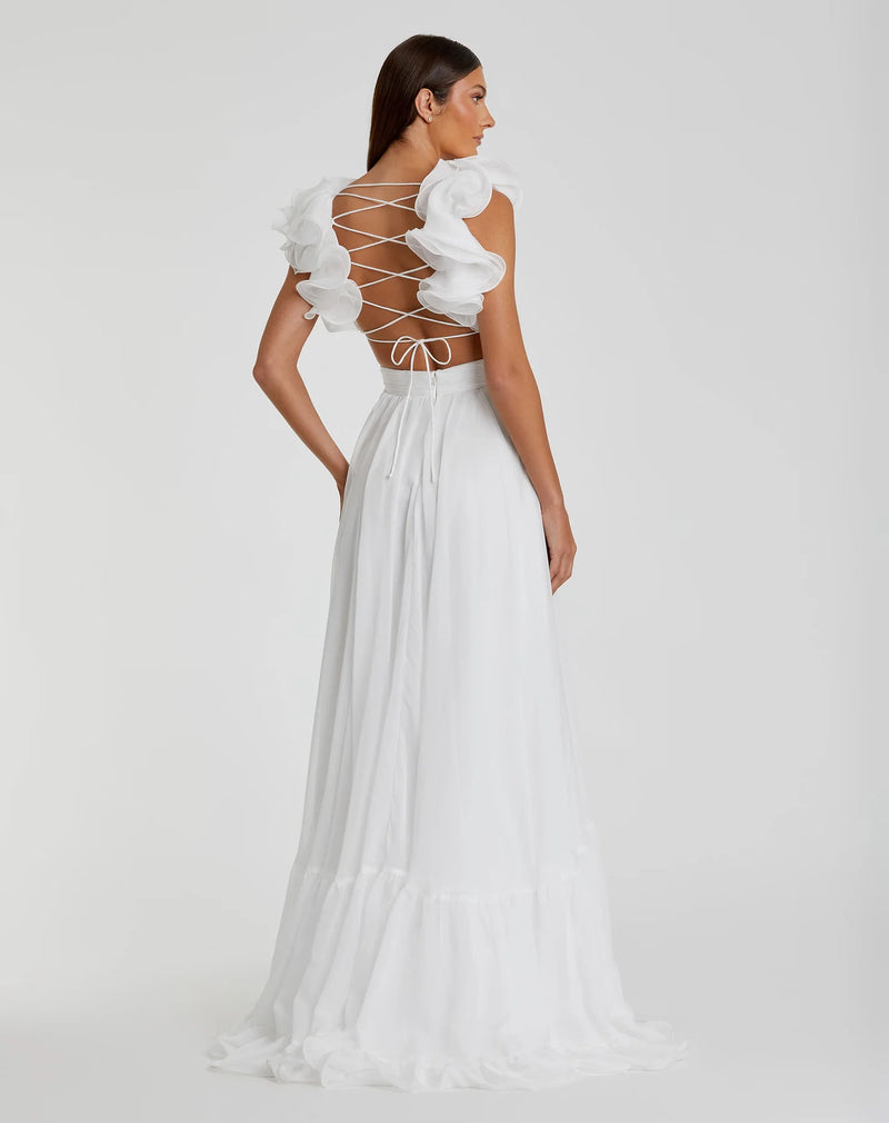 Ruffle tiered floral cut-out chiffon gown - White