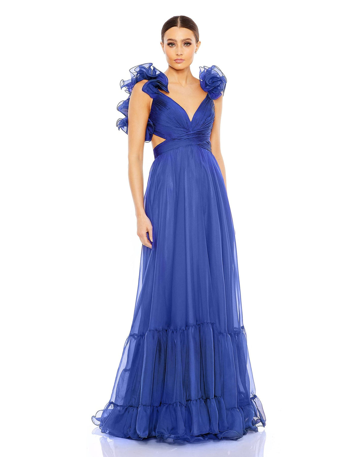 Ruffle tiered floral cut-out chiffon gown - Cobalt