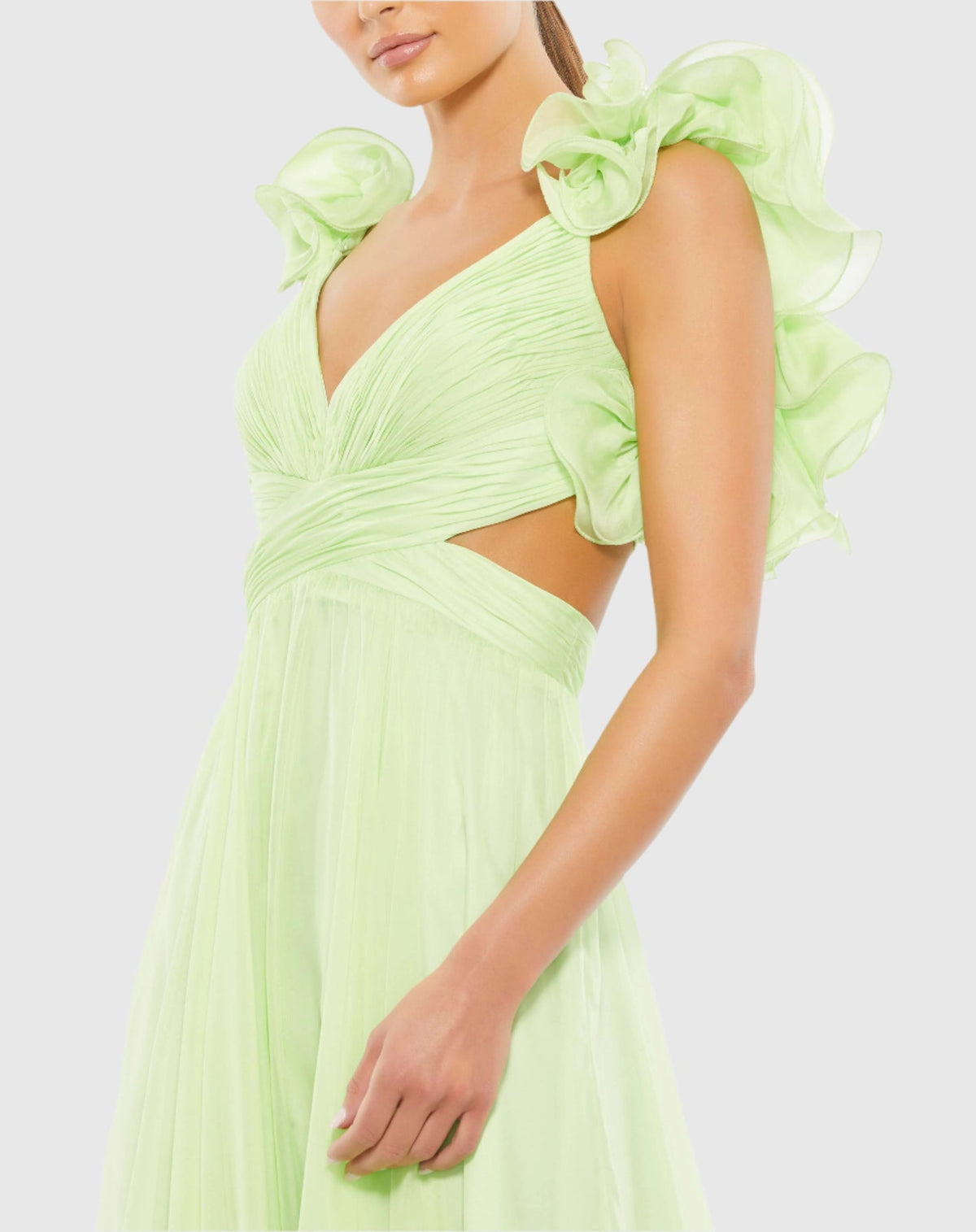 Lilac ruffle tiered floral cut-out chiffon gown with floral detail