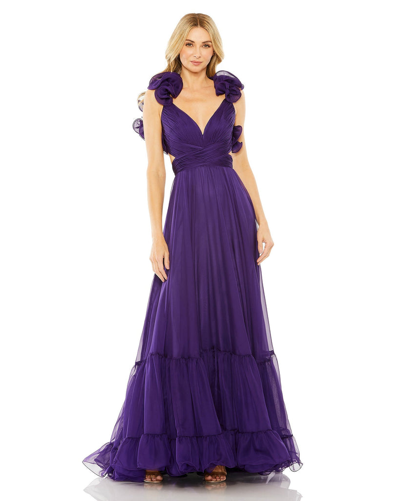 RUFFLE TIERED FLORAL CUT-OUT CHIFFON GOWN