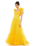 RUFFLE TIERED FLORAL CUT-OUT CHIFFON GOWN