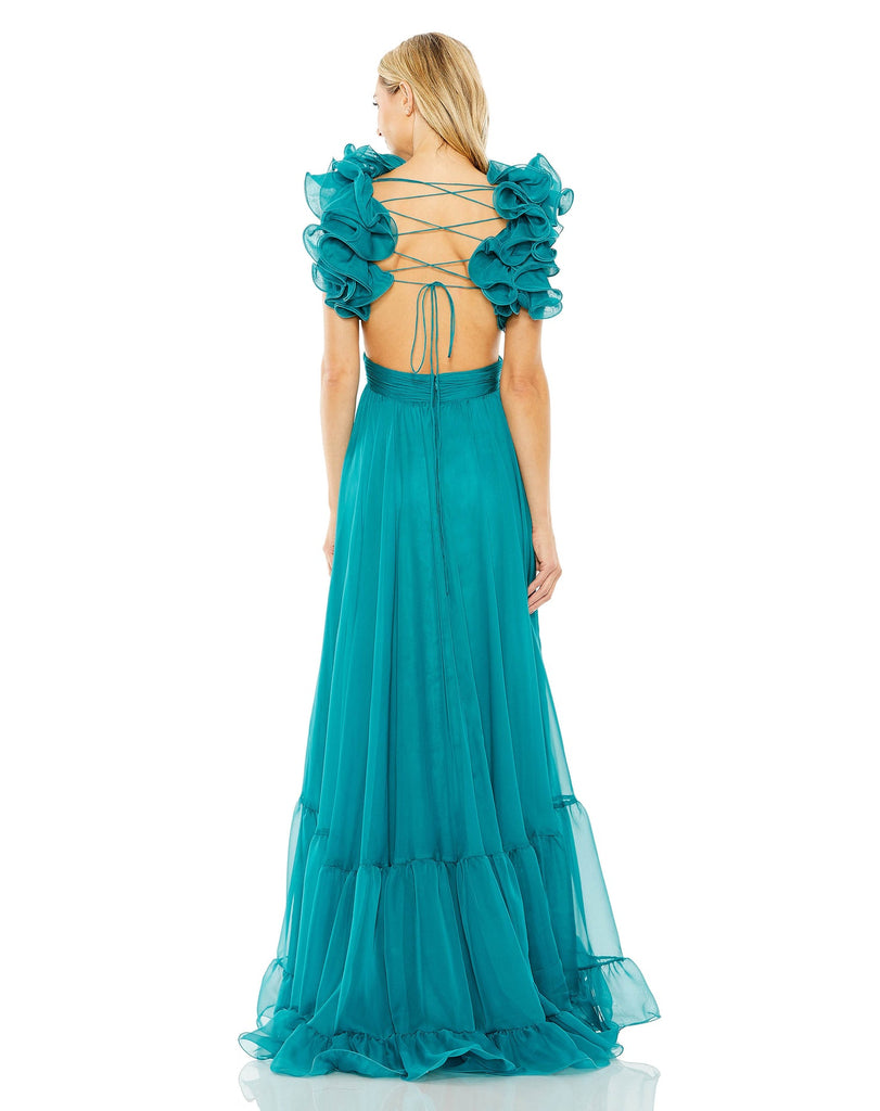 RUFFLE TIERED FLORAL CUT-OUT CHIFFON GOWN