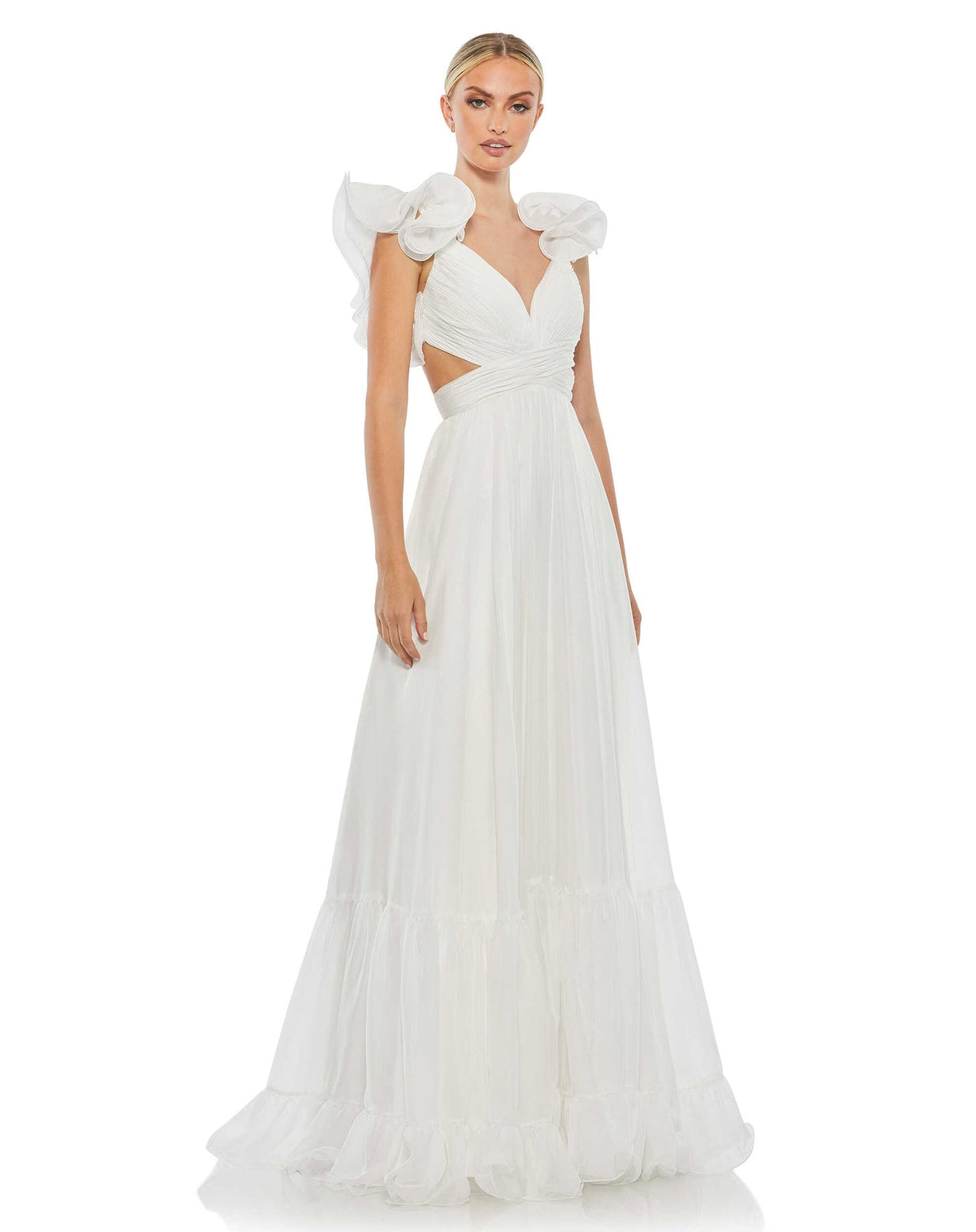 mac duggal, engagement dress, RUFFLE TIERED CUT-OUT CHIFFON GOWN, white, Style #67911 close up