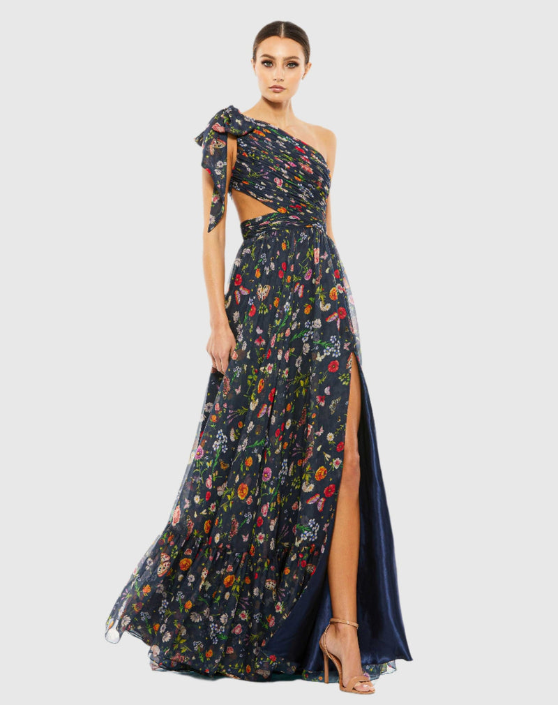 Tied one shoulder cut-out flowy gown - Floral