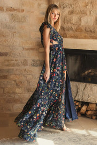 Tied one shoulder cut-out flowy gown - Floral