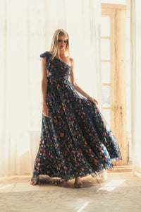 Tied one shoulder cut-out flowy gown - Floral
