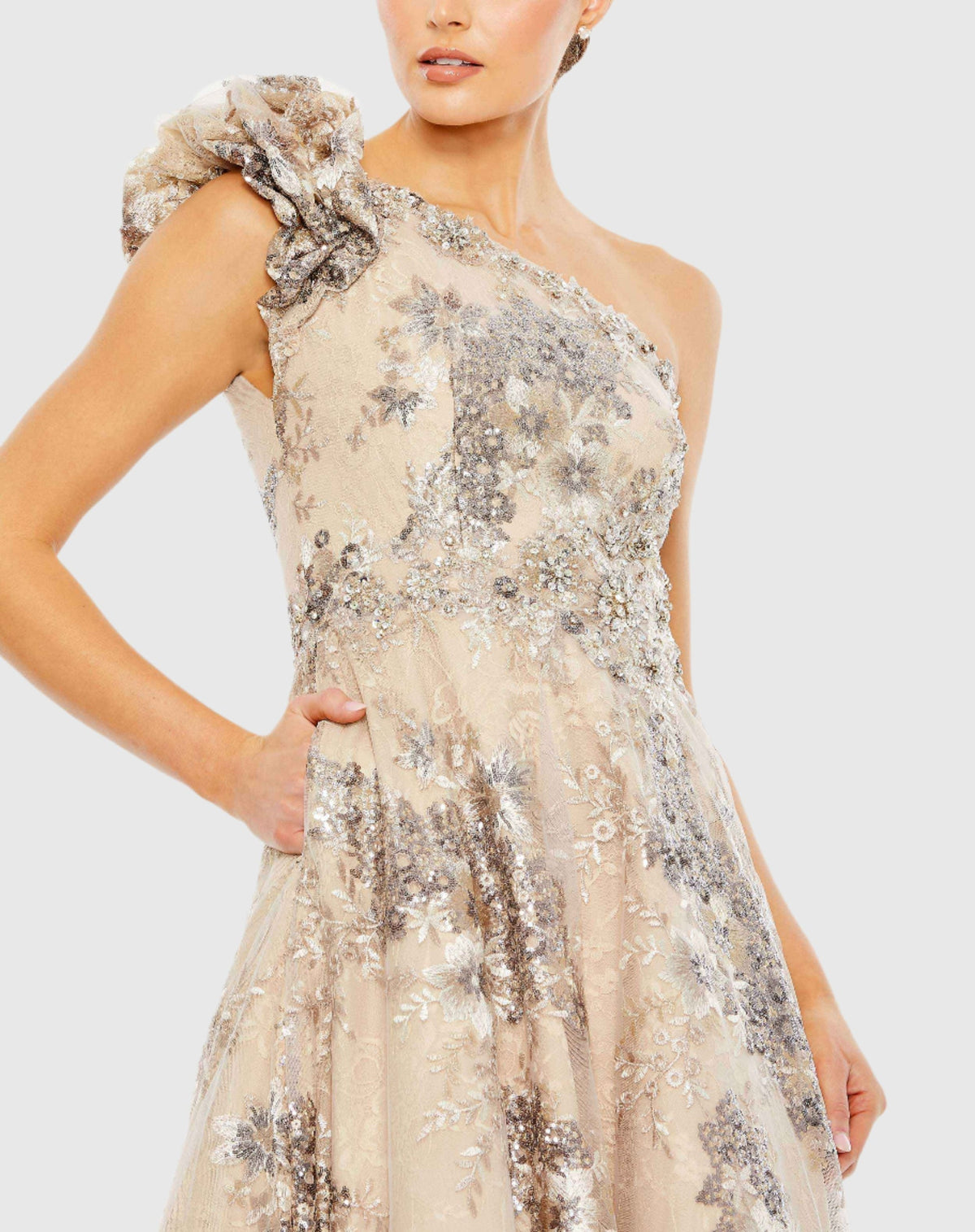 Embellished One Shoulder A Line Gown - Mocha