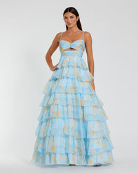Floral Cut Out Ruffle Tiered Gown - Pink Multi