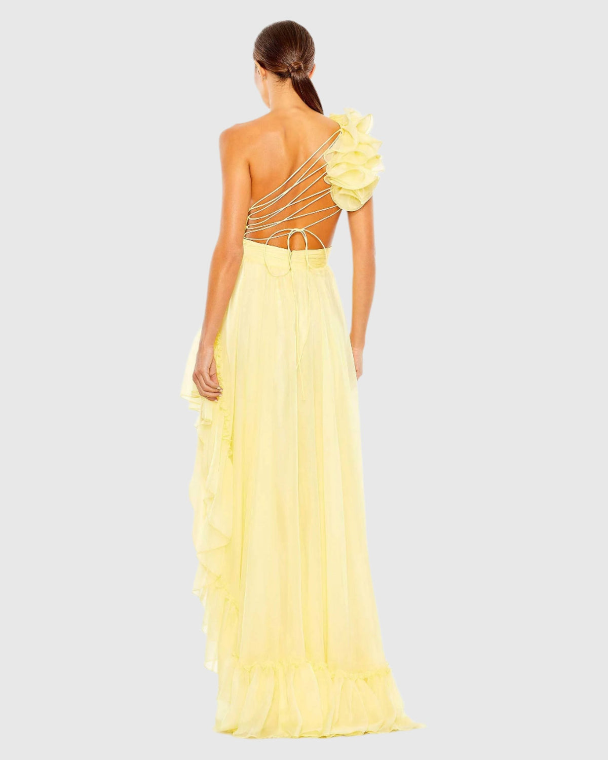 Ruffled One Shoulder Asymmetrical Gown - Butter