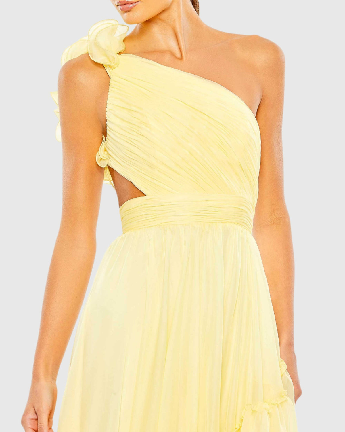 Ruffled One Shoulder Asymmetrical Gown - Butter