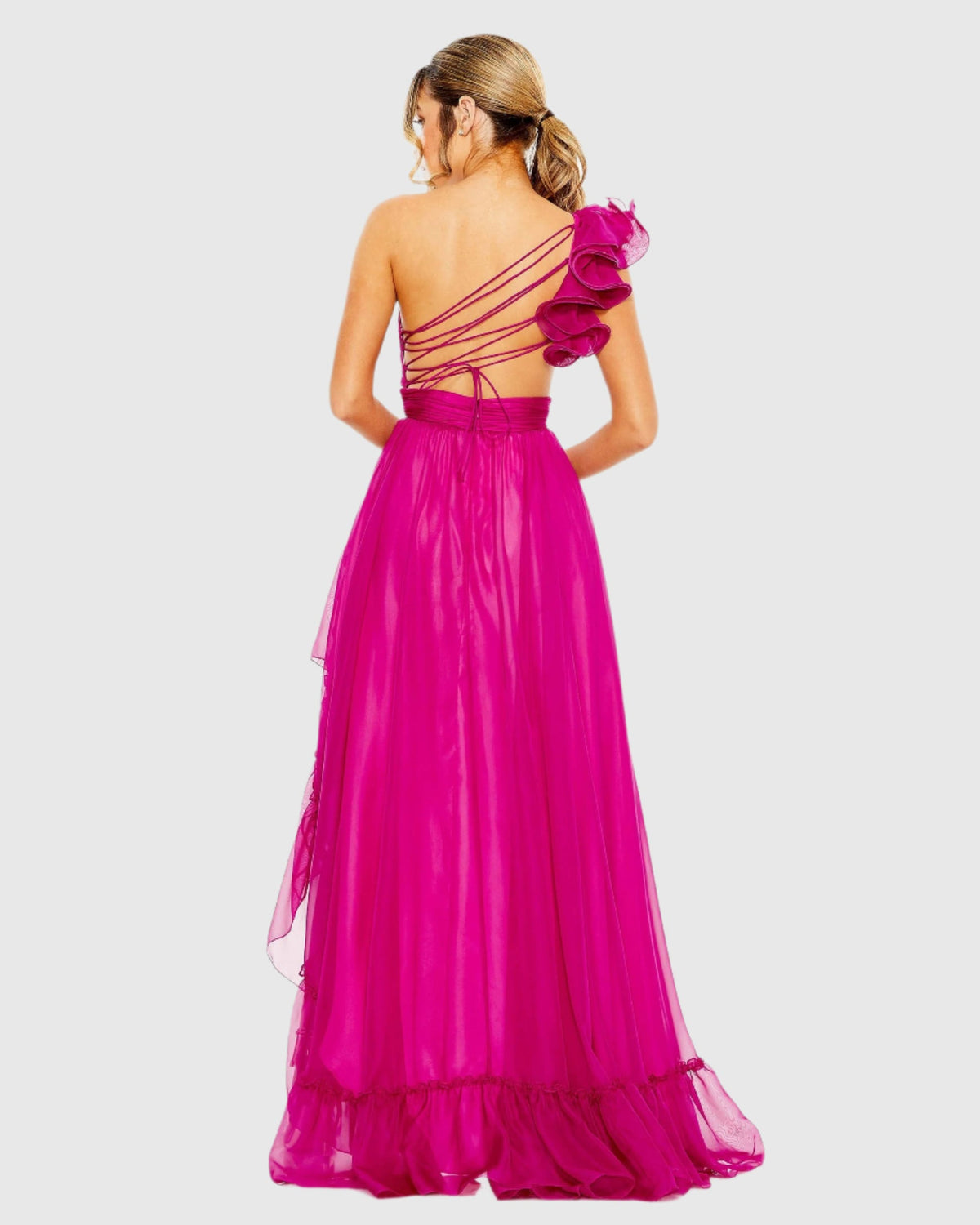 Ruffled One Shoulder Asymmetrical Gown - Magenta