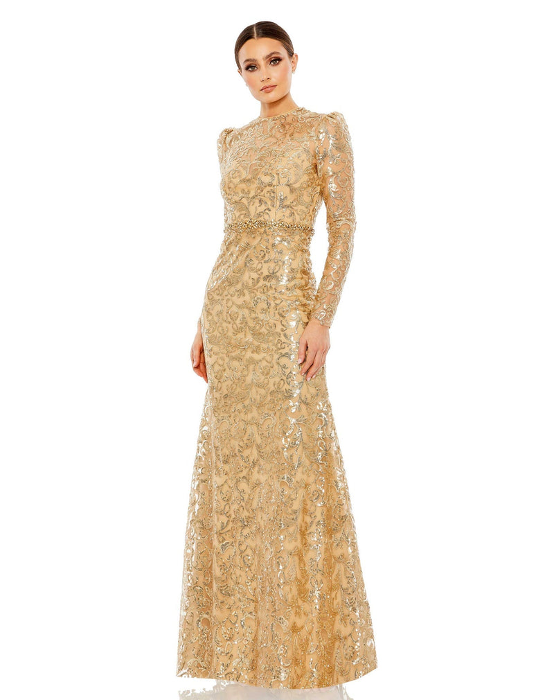 High neck embellished modest gown - Gold