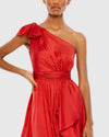 Bow one-shoulder ruffle asymmetrical hem gown - Spring Green