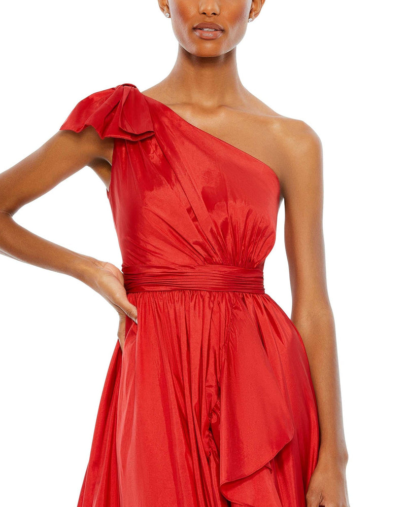 Bow one-shoulder ruffle asymmetrical hem gown - Red