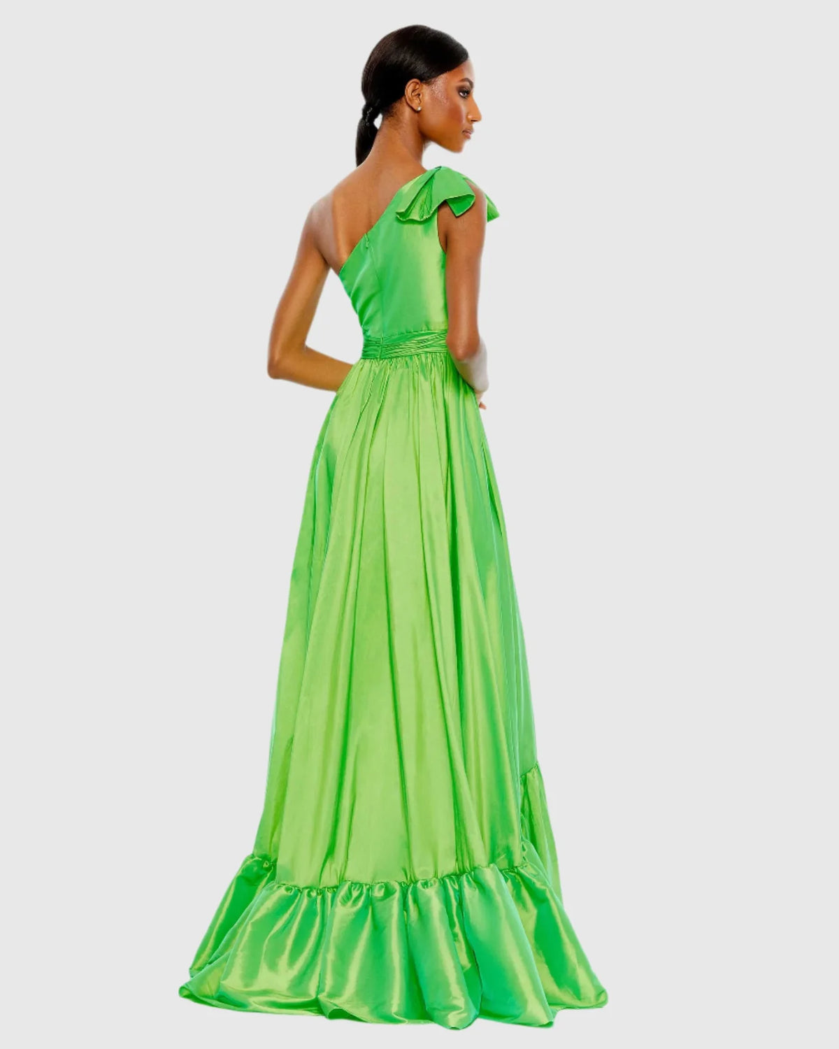 Bow one-shoulder ruffle asymmetrical hem gown - Spring Green