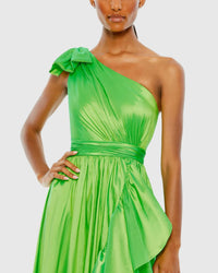 Bow one-shoulder ruffle asymmetrical hem gown - Spring Green