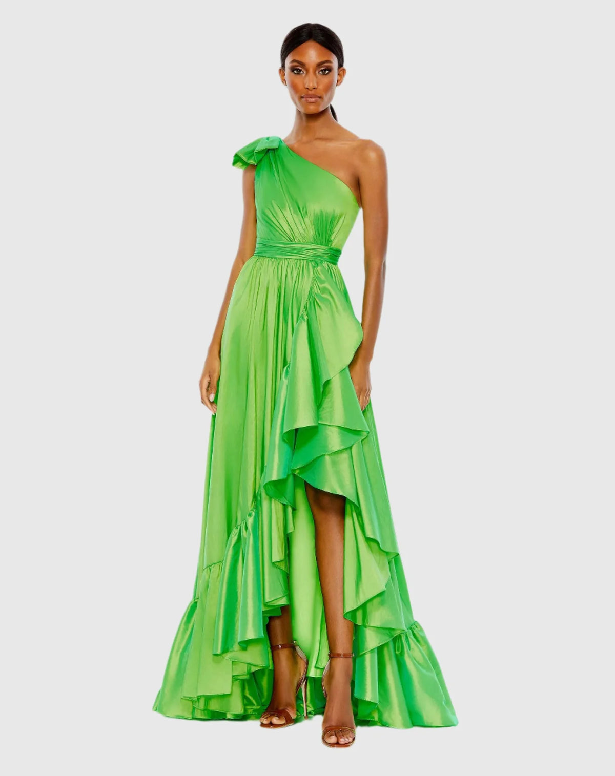 Mac Duggal Bow one-shoulder ruffle asymmetrical hem gown #68027 Green 