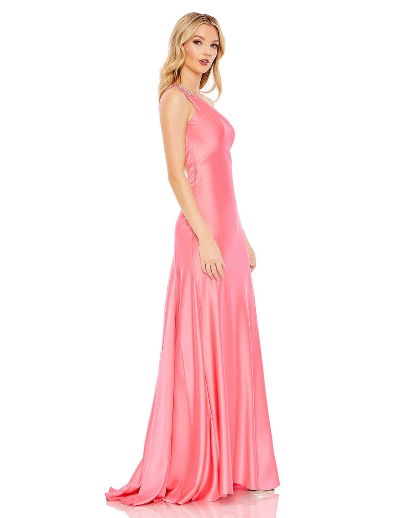 BEADED ONE SHOULDER COLUMN GOWN side view pink