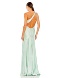 BEADED ONE SHOULDER COLUMN GOWN back blue