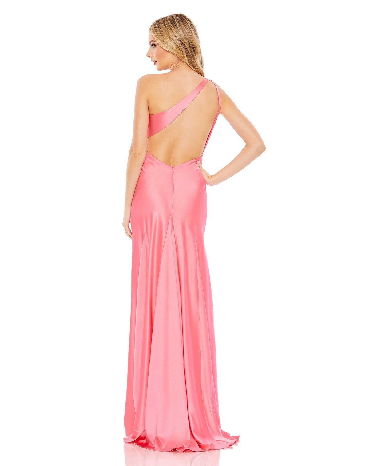 Mac Duggal, Beaded asymmetric one shoulder Grecian column gown - Sage | ShaideBoutique.com UK coral pink back view