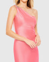 Beaded asymmetric one shoulder Grecian column gown - Pink