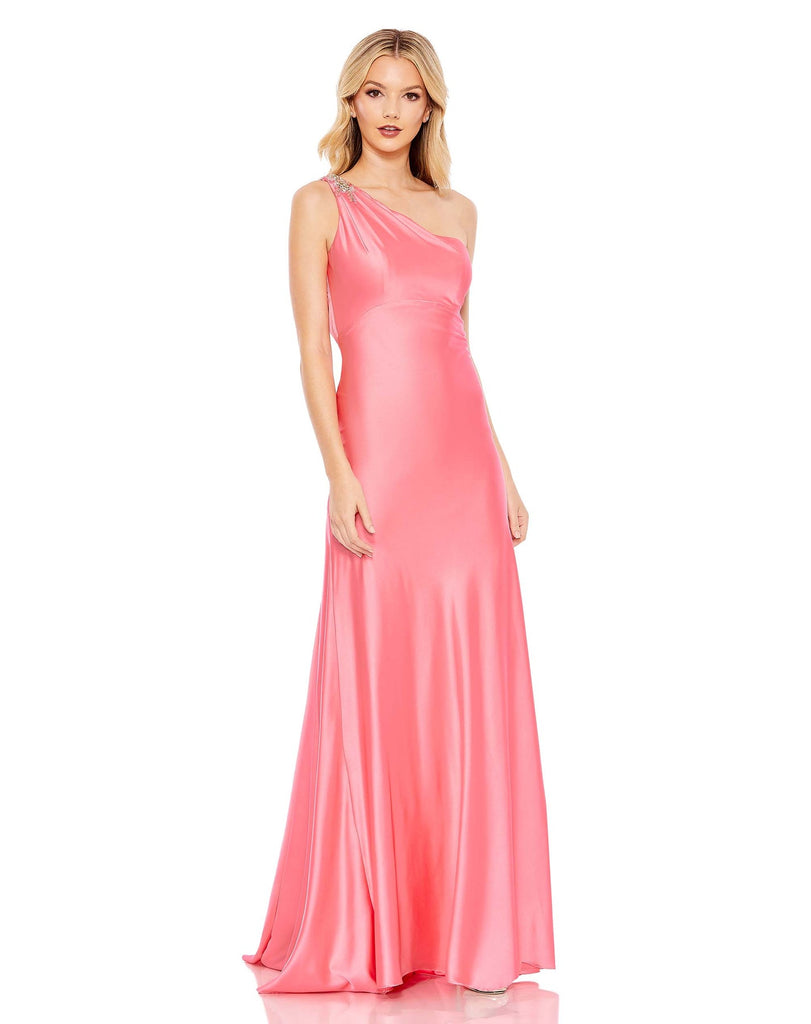 BEADED ONE SHOULDER COLUMN GOWN