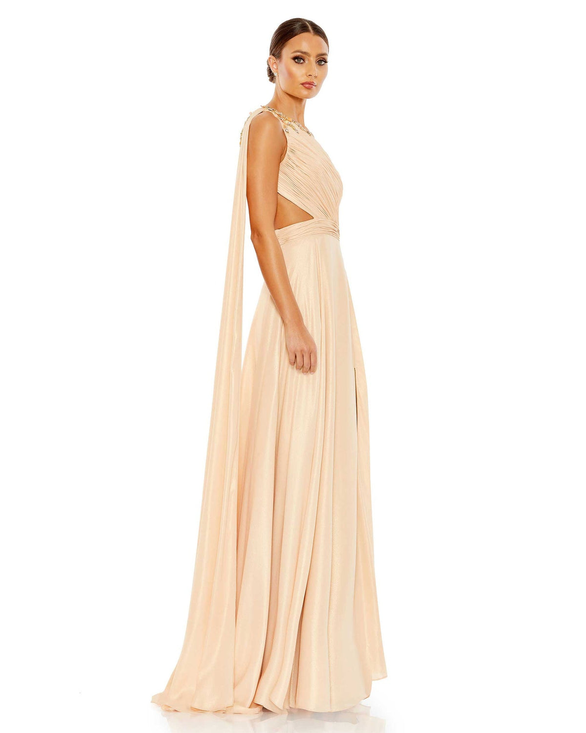 Mac Duggal Style #68053 Grecian one shoulder open back dress - Nude side view