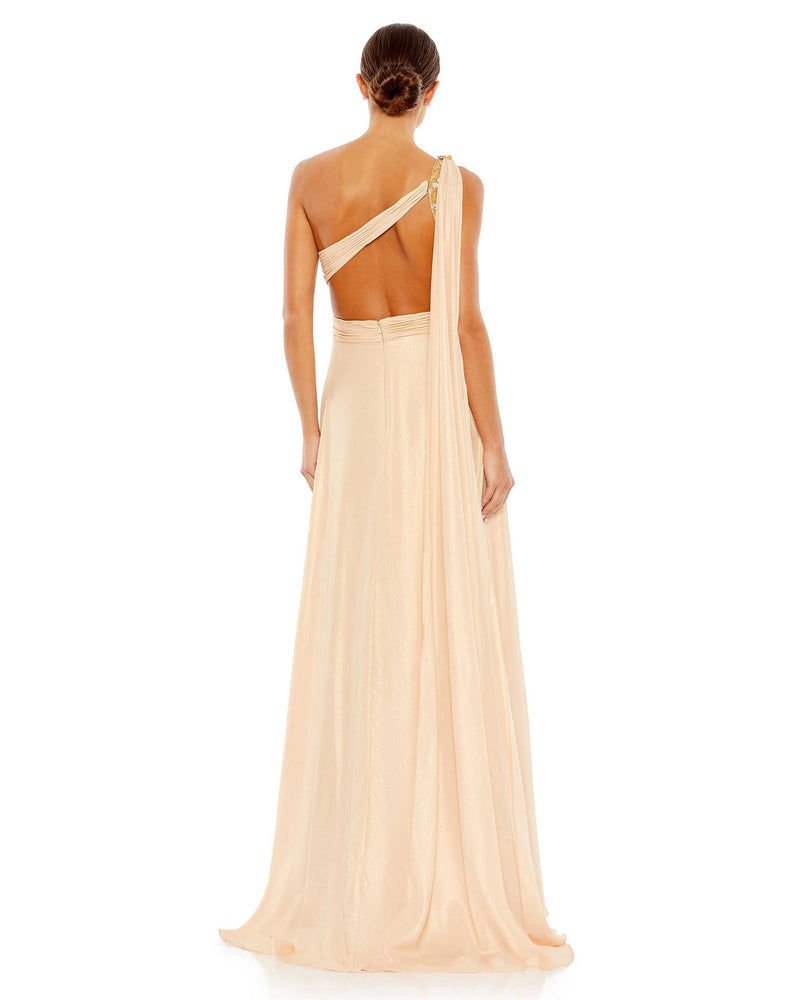 Mac Duggal Style #68053 Grecian one shoulder open back dress - Nude back view