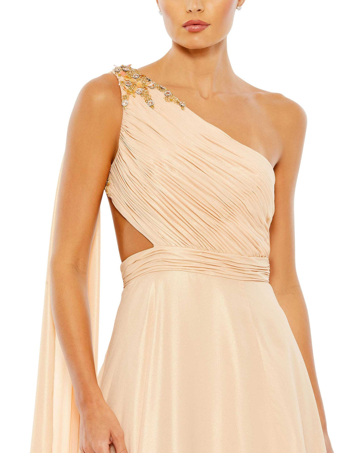 Mac Duggal Style #68053 Grecian one shoulder open back dress - Nude close up