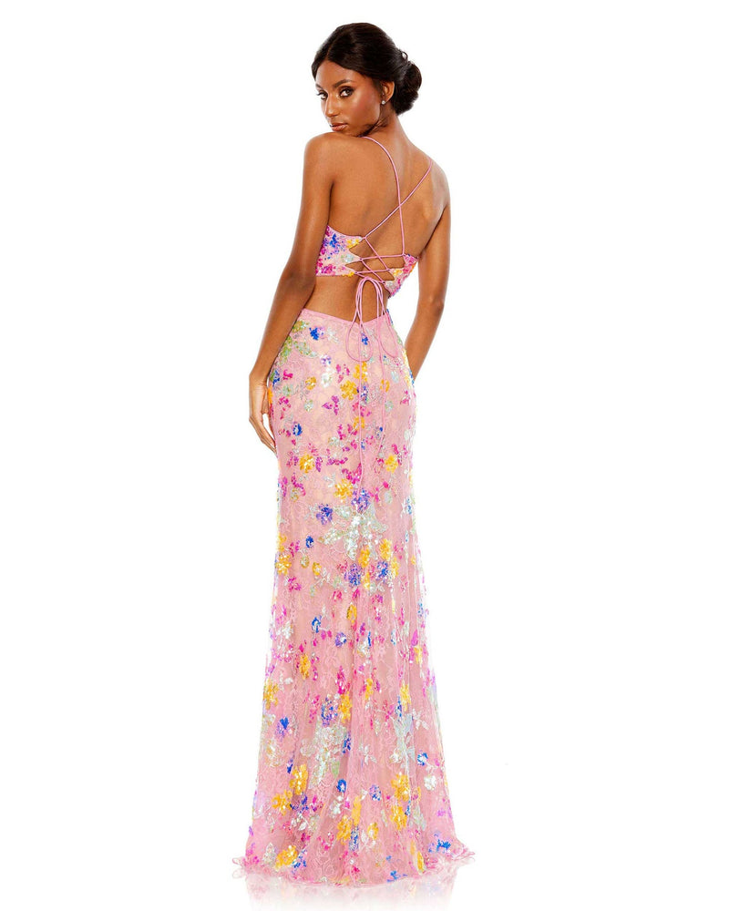 Embellished lace strappy column gown - Pink back