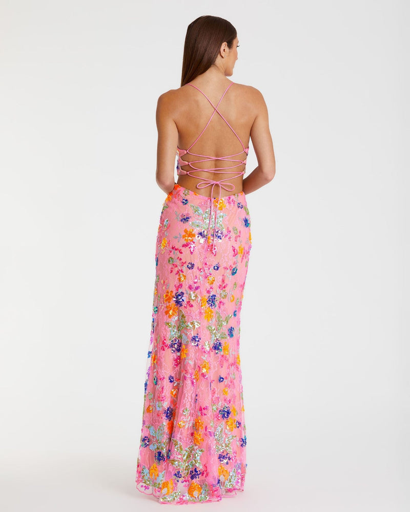 Floral sequin & lace Summer Gown - Pink