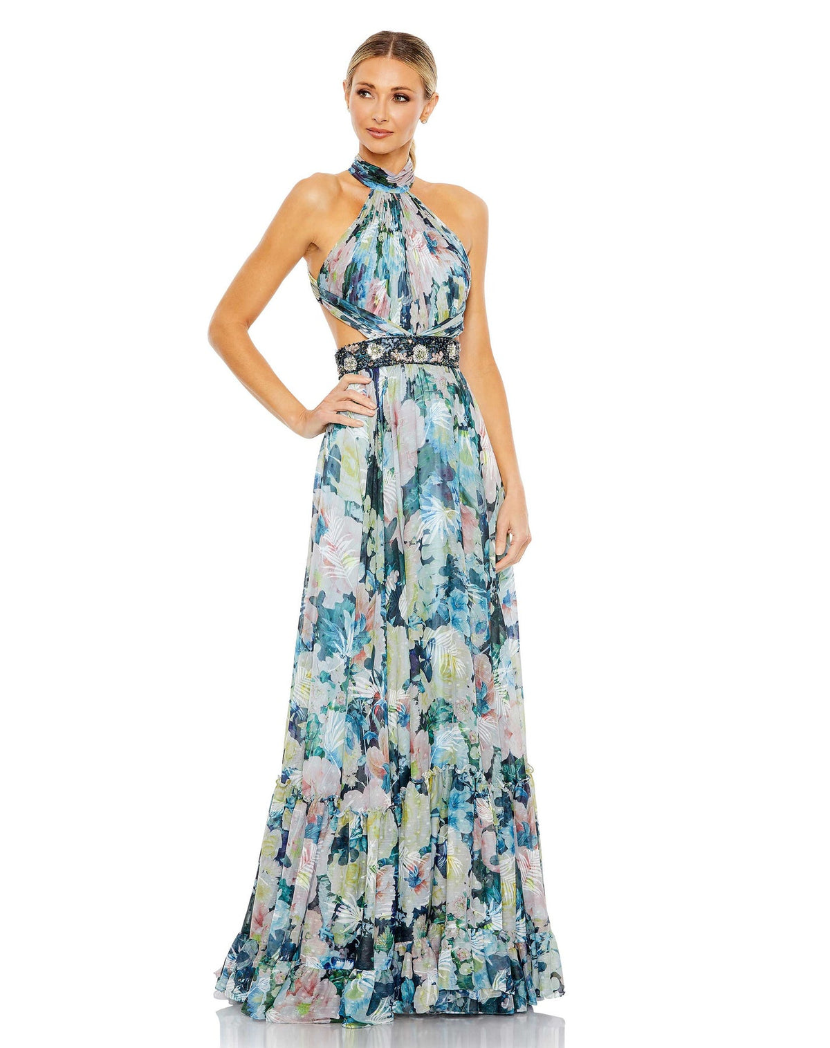 Mac Duggal, FLORAL HALTER A LINE GOWN W/ CUTOUTS AND EMBELLISHED BELT, Floral Print Halter Cut Out Maxi Dress - Blue, Style #68089
