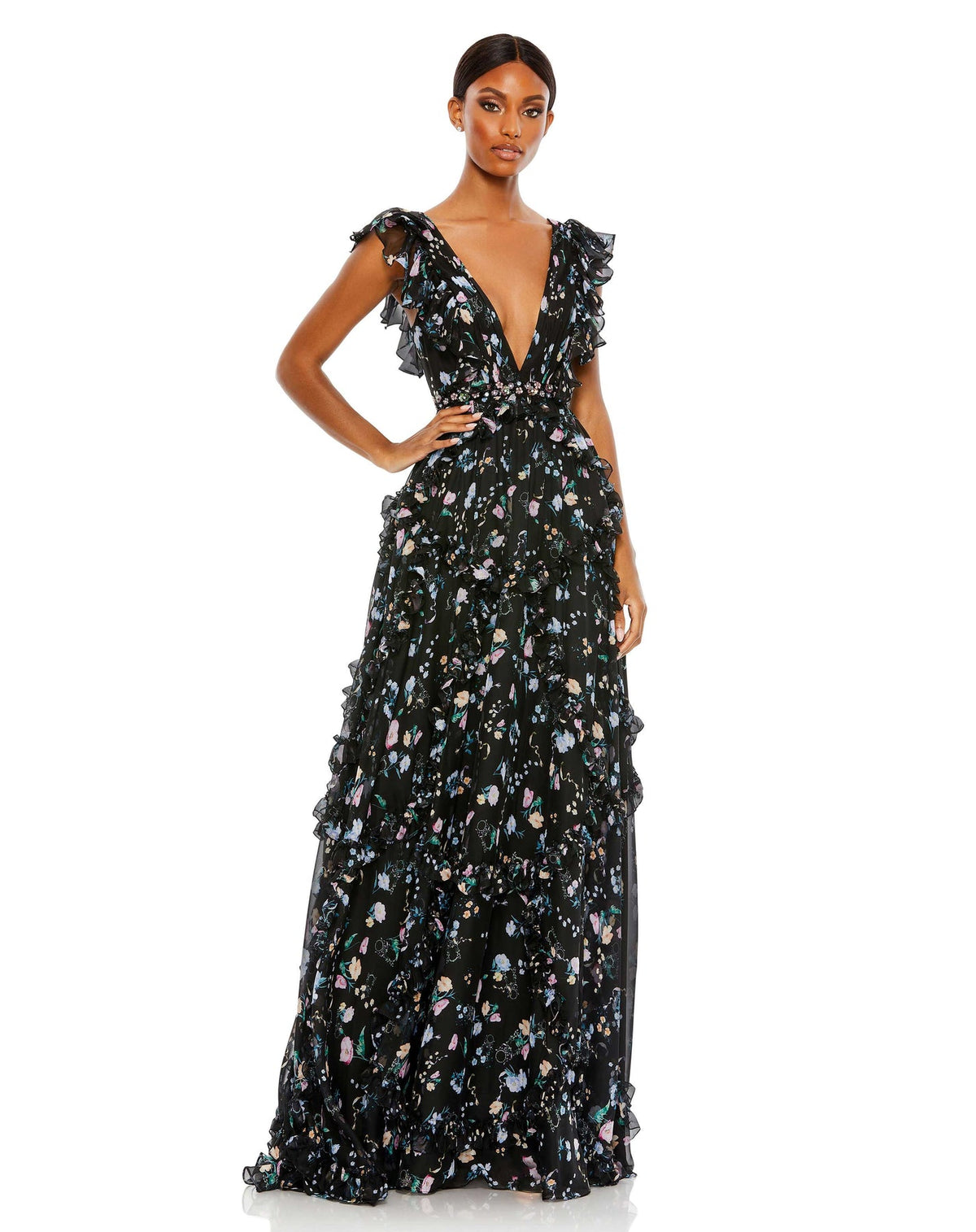 Mac Duggal Style #68090 Floral ruffle A-line cap sleeve dress - black