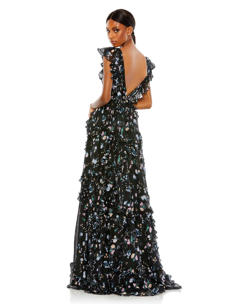 Mac Duggal Style #68090 Floral ruffle A-line cap sleeve dress - black back
