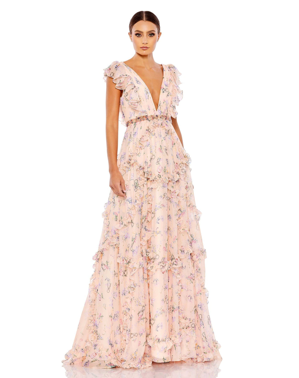Mac Duggal Style #68090 Floral ruffle A-line cap sleeve dress - Pink