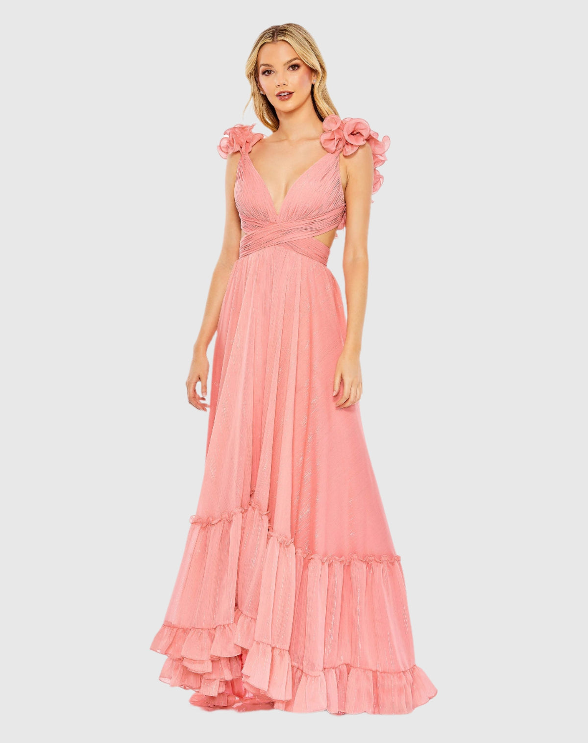 Mac Duggal 68094 Coral ruffle sleeve V neck A line gown - Front
