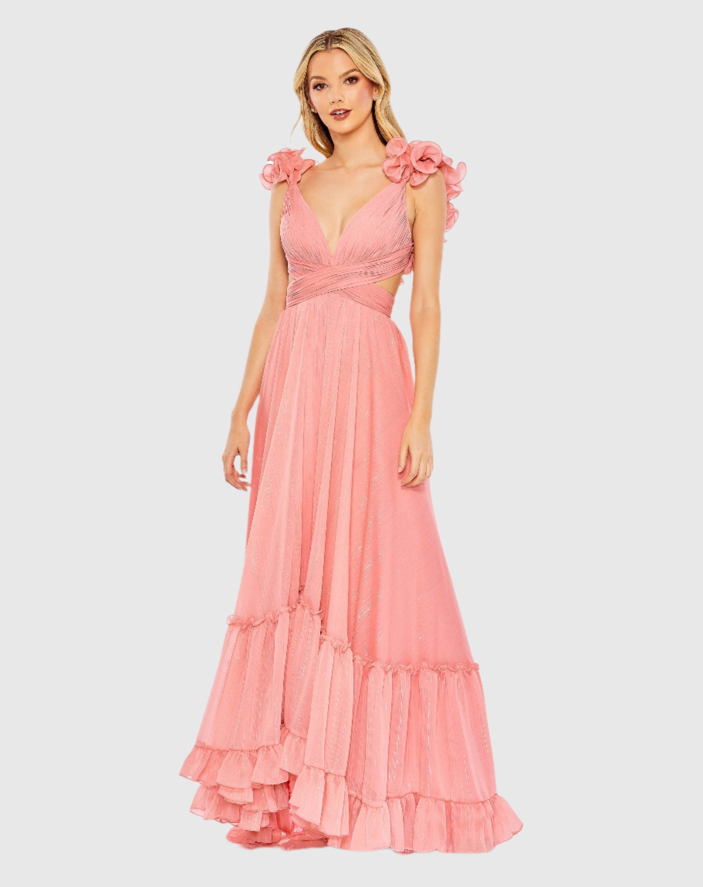 Mac Duggal 68094 Coral ruffle sleeve V neck A line gown - Front